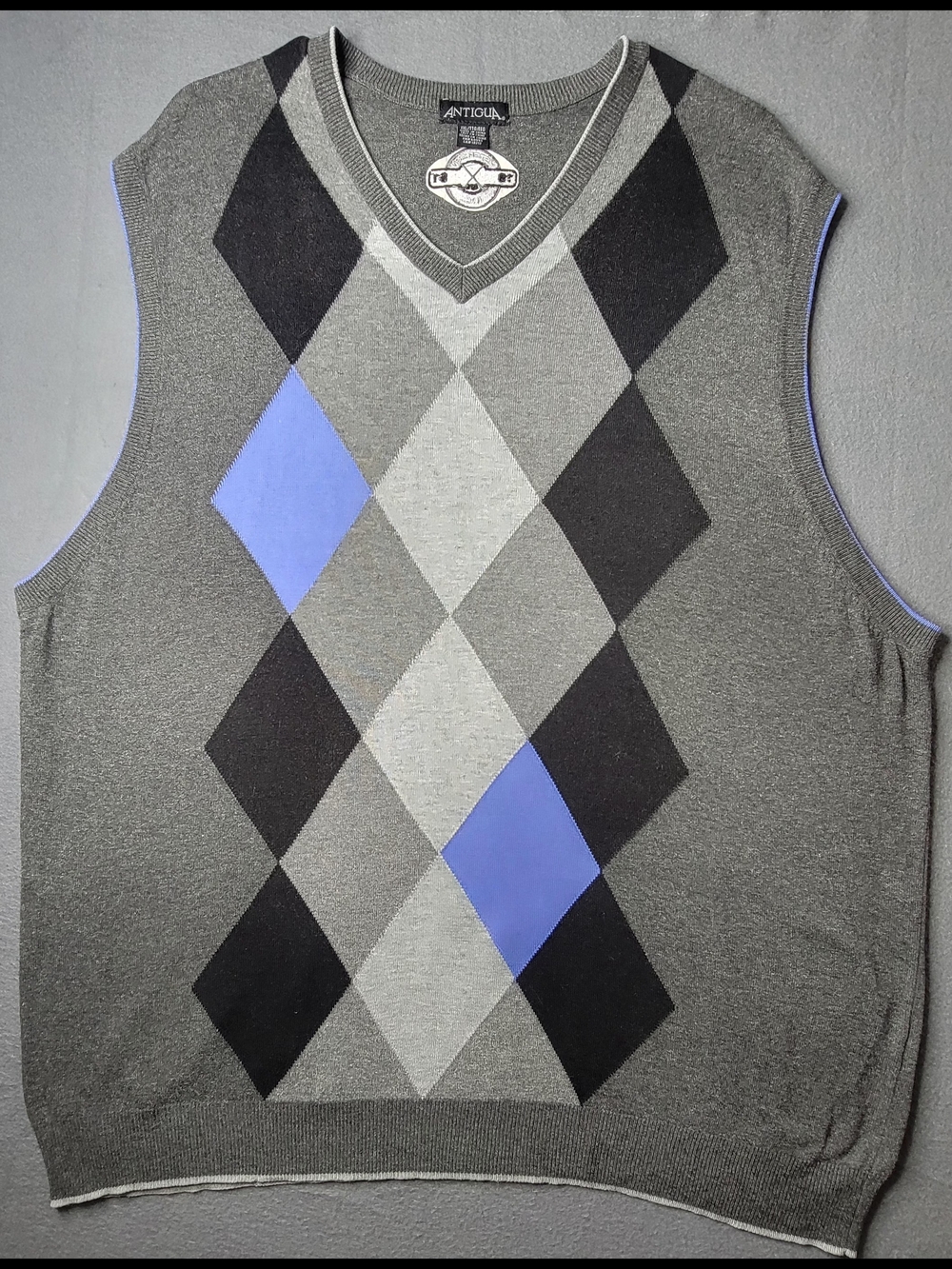 Antigua Gray Argyle V-Neck Sweater Vest with Blue Accent Size XXL